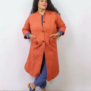 Jungalow Peking Hamsa Quilted Coat in Coral Size M/L